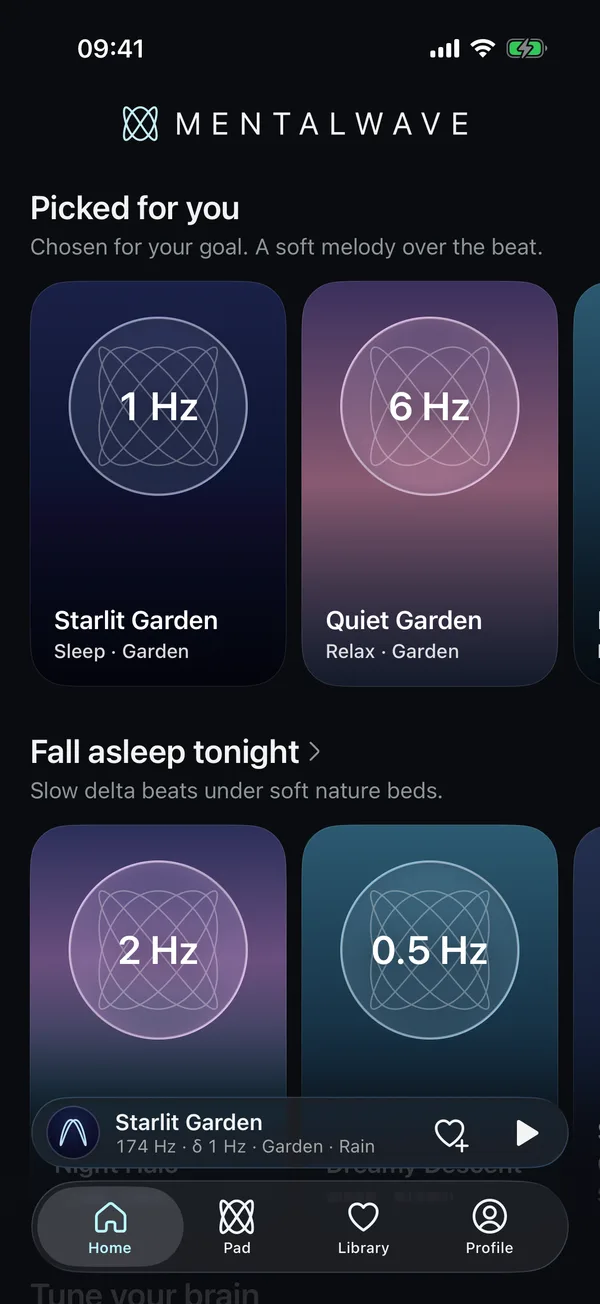 MentalWave Home screen: mixes picked for your goal, Starlit Garden at 1 Hz and Quiet Garden at 6 Hz, then the Fall asleep tonight shelf