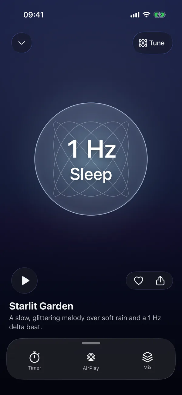 MentalWave player playing Starlit Garden, a 1 Hz delta beat for sleep