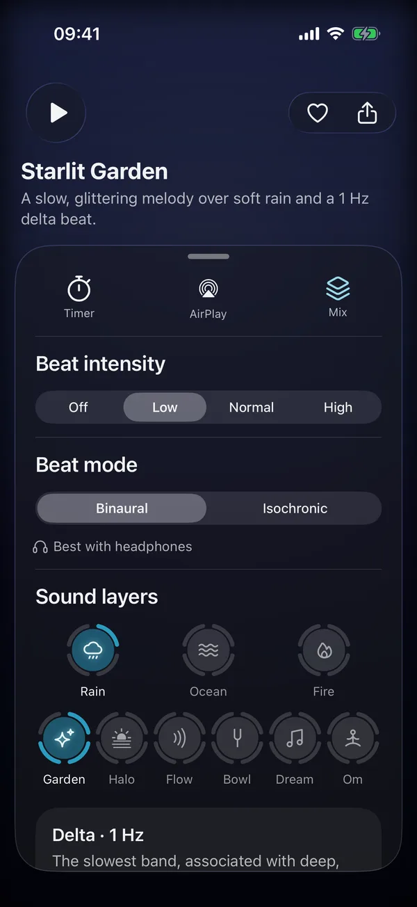Mix settings in MentalWave: beat intensity, binaural or isochronic mode, and sound layers like rain, ocean, garden and singing bowl