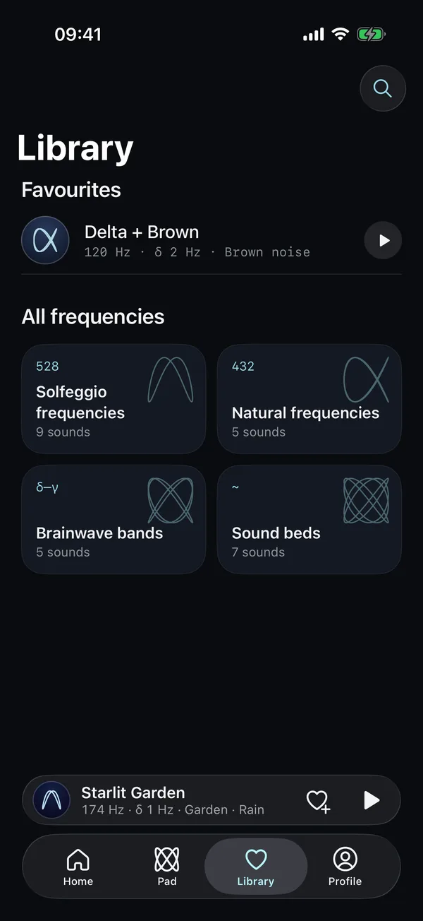 MentalWave Library: favourites, Solfeggio frequencies, natural frequencies, brainwave bands and sound beds